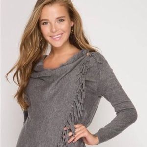 She and Sky Soft Fringe Gray Wrap Sweater